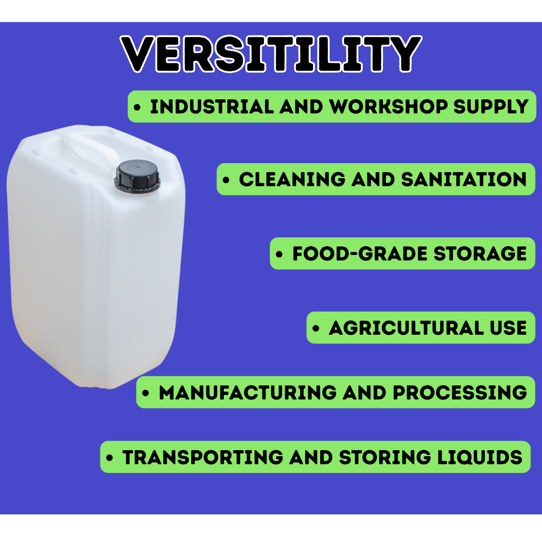 White storage container with black cap on a blue background with text about its uses. Liquipak