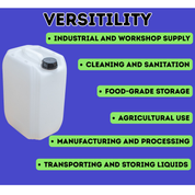 White storage container with black cap on a blue background with text about its uses. Liquipak
