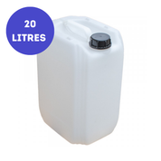 White plastic container with black lid labeled '20 Litres' on a white background Liquipak