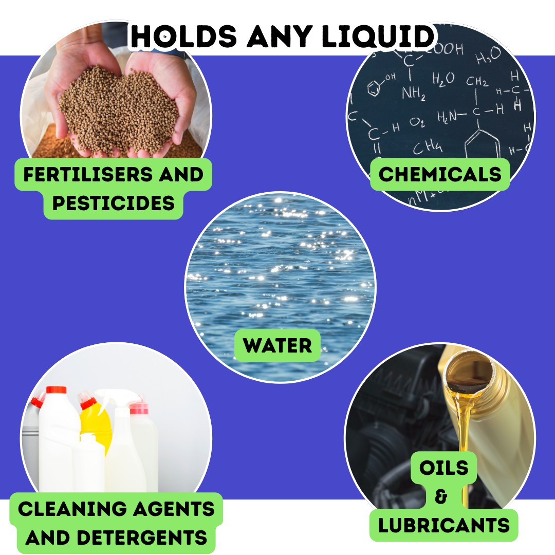 Promotional graphic showing various items with text indicating they can hold liquids, including fertilizers, pesticides, chemicals, water, cleaning agents, and lubricants.Liquipak