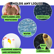 Promotional graphic showing various items with text indicating they can hold liquids, including fertilizers, pesticides, chemicals, water, cleaning agents, and lubricants.Liquipak
