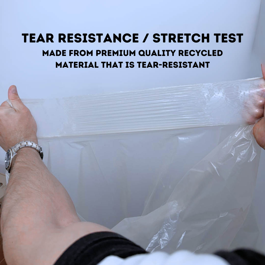 Person testing tear resistance/stretch of a clear plastic sheet with text about material quality.