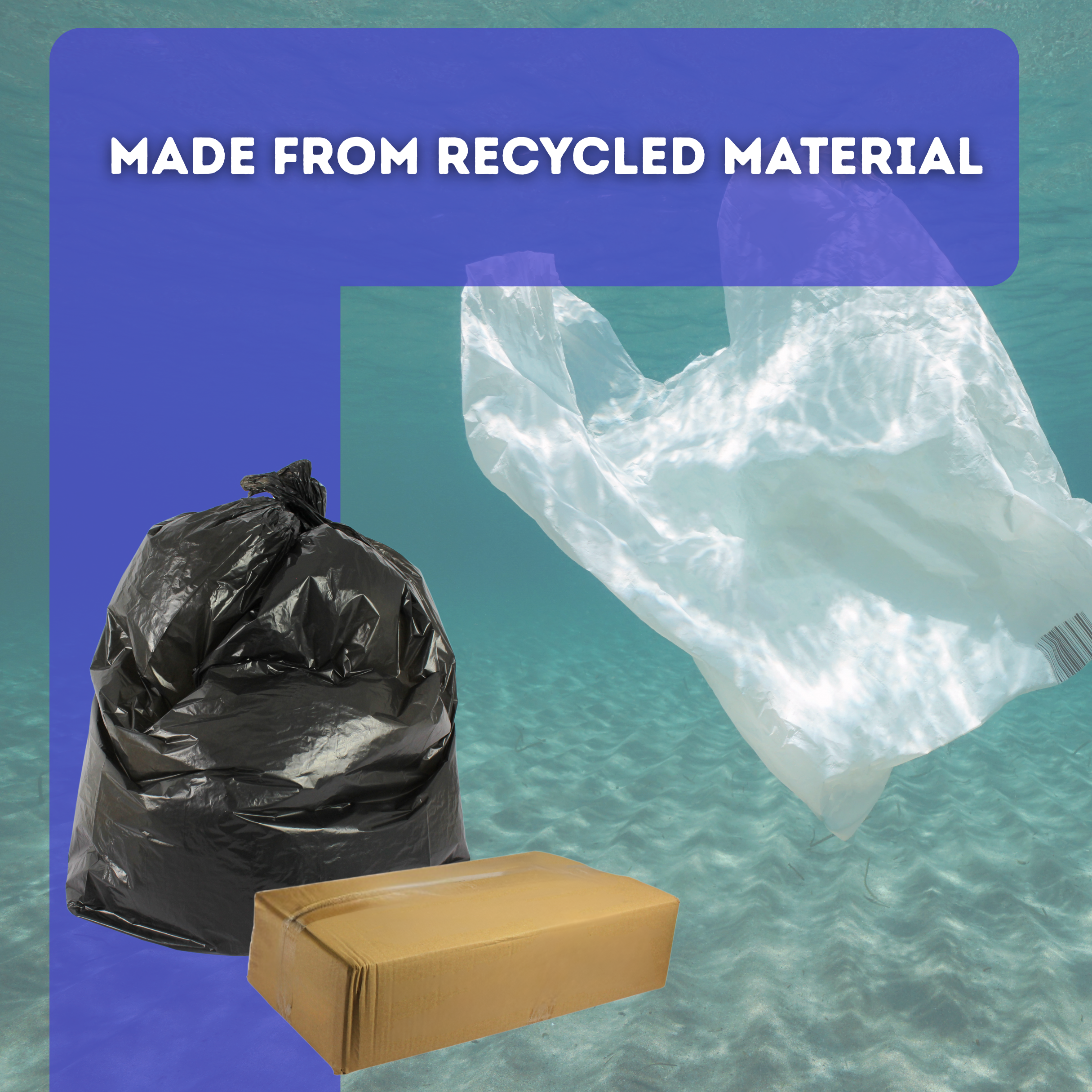 Black trash bag, cardboard box, and plastic sheet with 'Made from Recycled Material' text on a blue background | Liquipak
