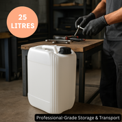 White storage container labeled '25 Litres' with a person in black gloves in the background | Liquipak