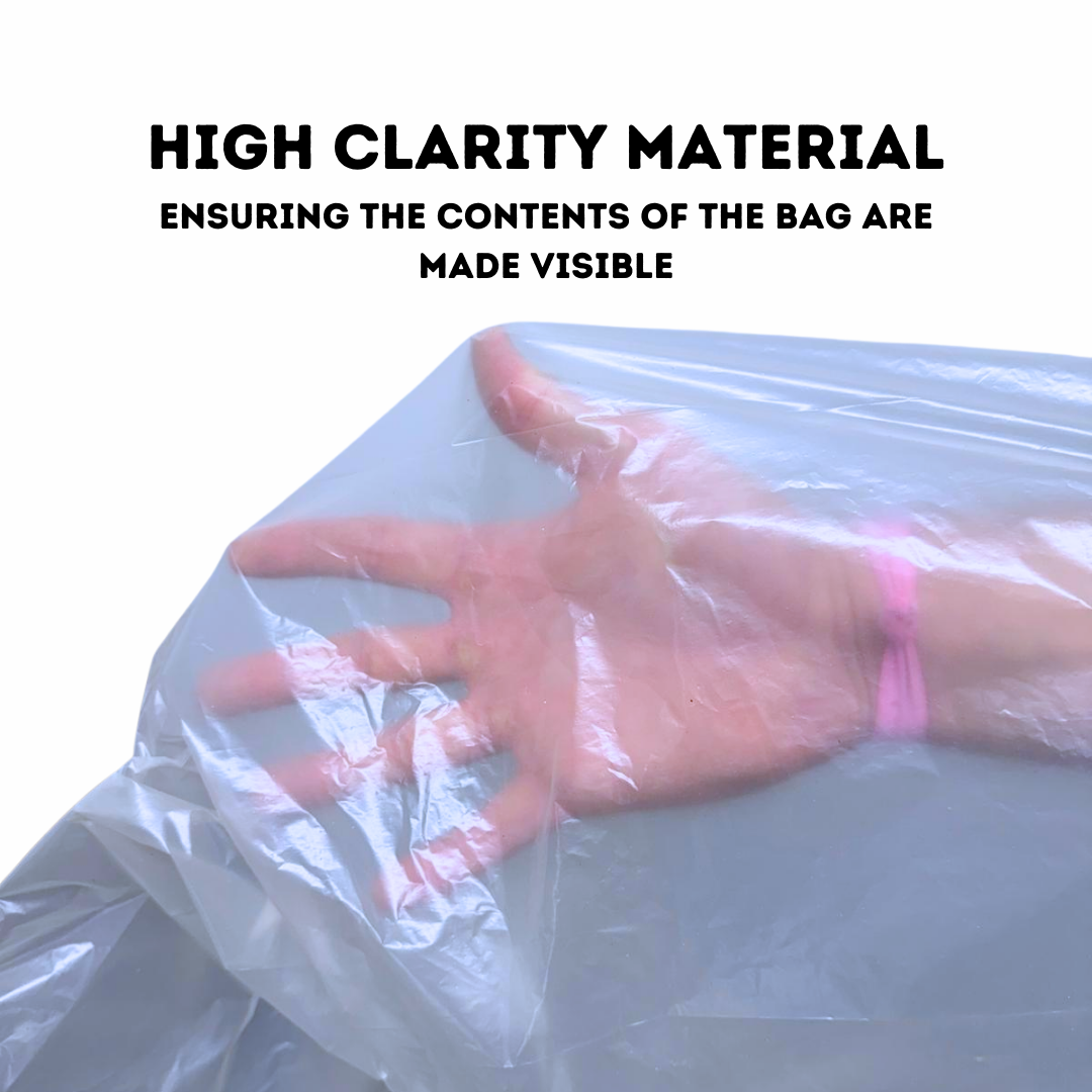 Hand reaching into a clear plastic bag with text about high clarity material | Liquipak