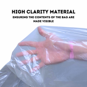 Hand reaching into a clear plastic bag with text about high clarity material | Liquipak