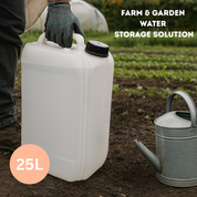Person holding a 25L water storage container with a garden scene in the background | Liquipak