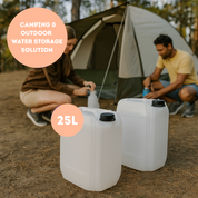 Two people camping with water storage jugs labeled '25L' and 'Camping & Outdoor Water Storage Solution' | Liquipak