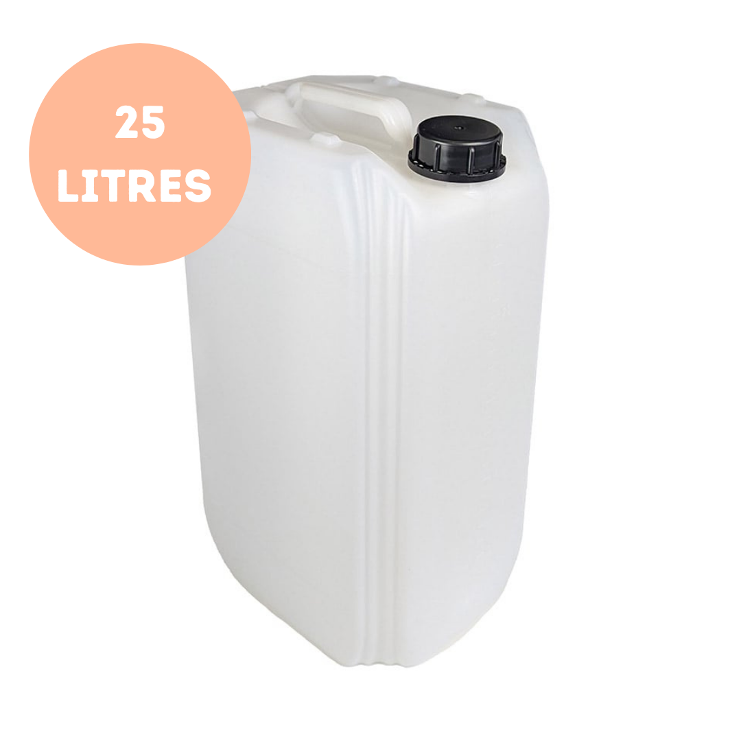 White plastic container with black lid and '25 Litres' label on a white background Liquipak