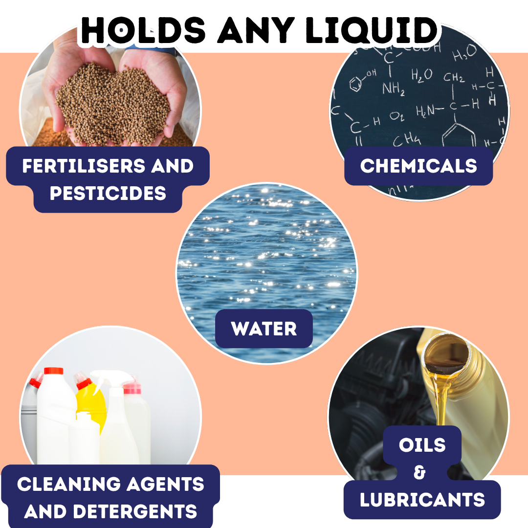 Illustration showing various substances with text indicating their compatibility. Liquipak