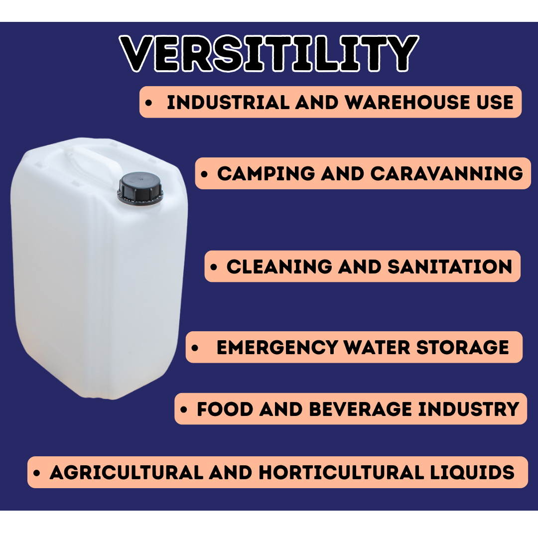 White container with black cap on a blue background with text about versatility and uses.Liquipak