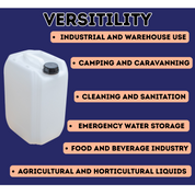 White container with black cap on a blue background with text about versatility and uses.Liquipak
