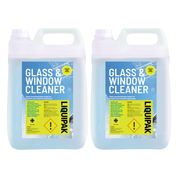 Two large white plastic jerry cans (10L) of LiquiPak Glass & Window Cleaner with blue and yellow labels, shown side by side on a white background.