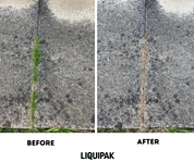 Comparison of a crack in concrete before and after treatment with LIQUIPAK Weed Killer, showing the product's effectiveness.