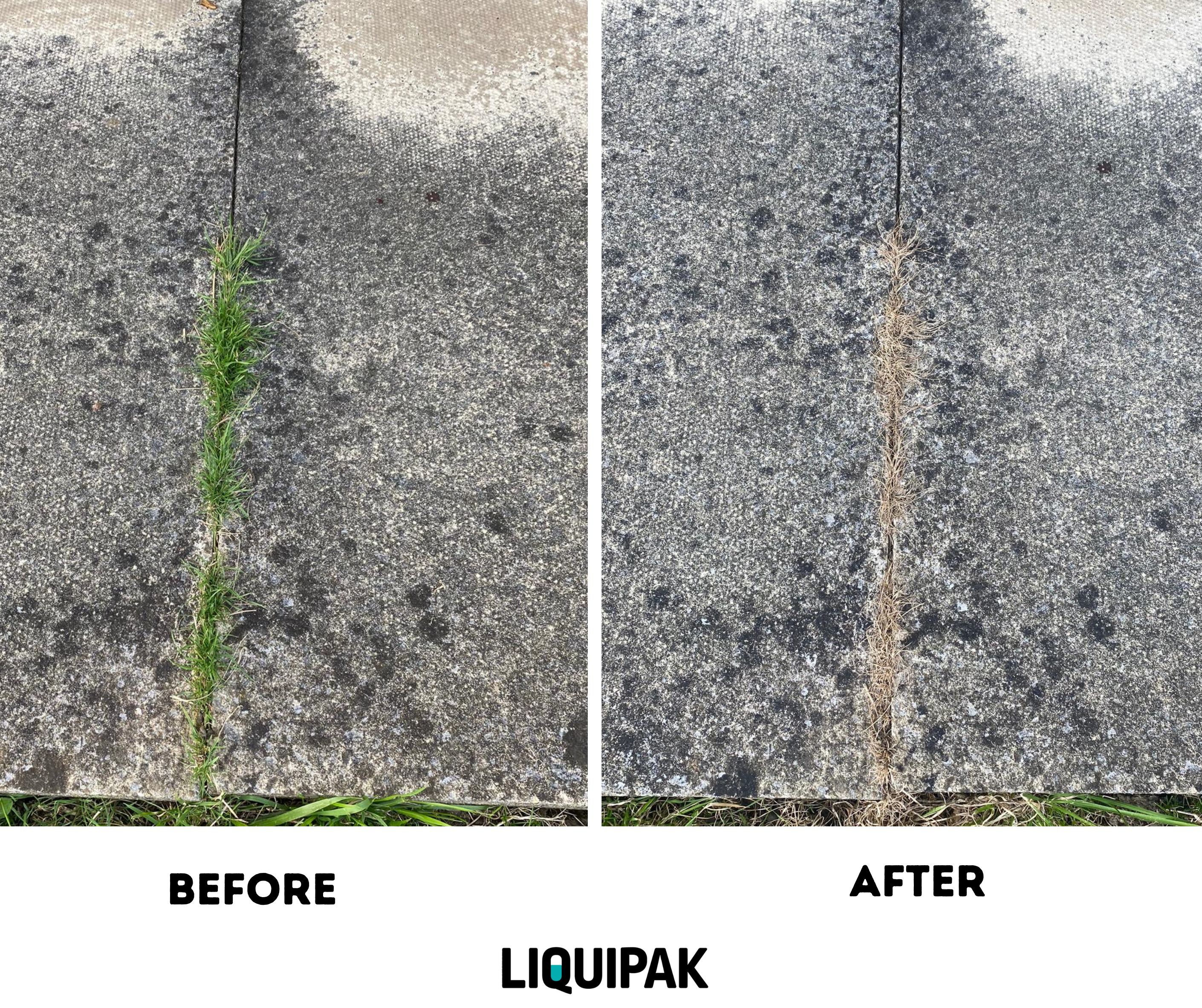 Comparison of a crack in concrete before and after treatment with LIQUIPAK Weed Killer, showing the product's effectiveness.