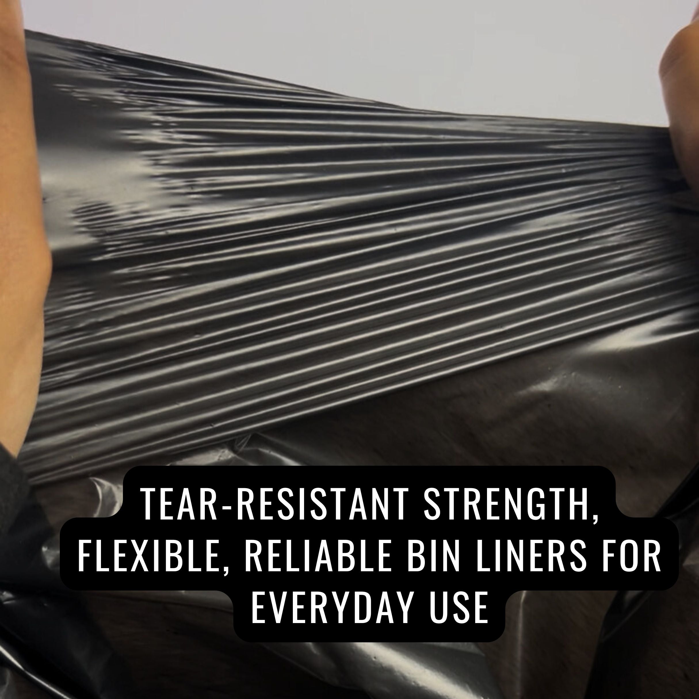 Black bin liner with text highlighting its features