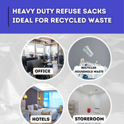 Promotional graphic for heavy-duty refuse sacks ideal for recycled waste, showing office, hotel, and storeroom scenarios.