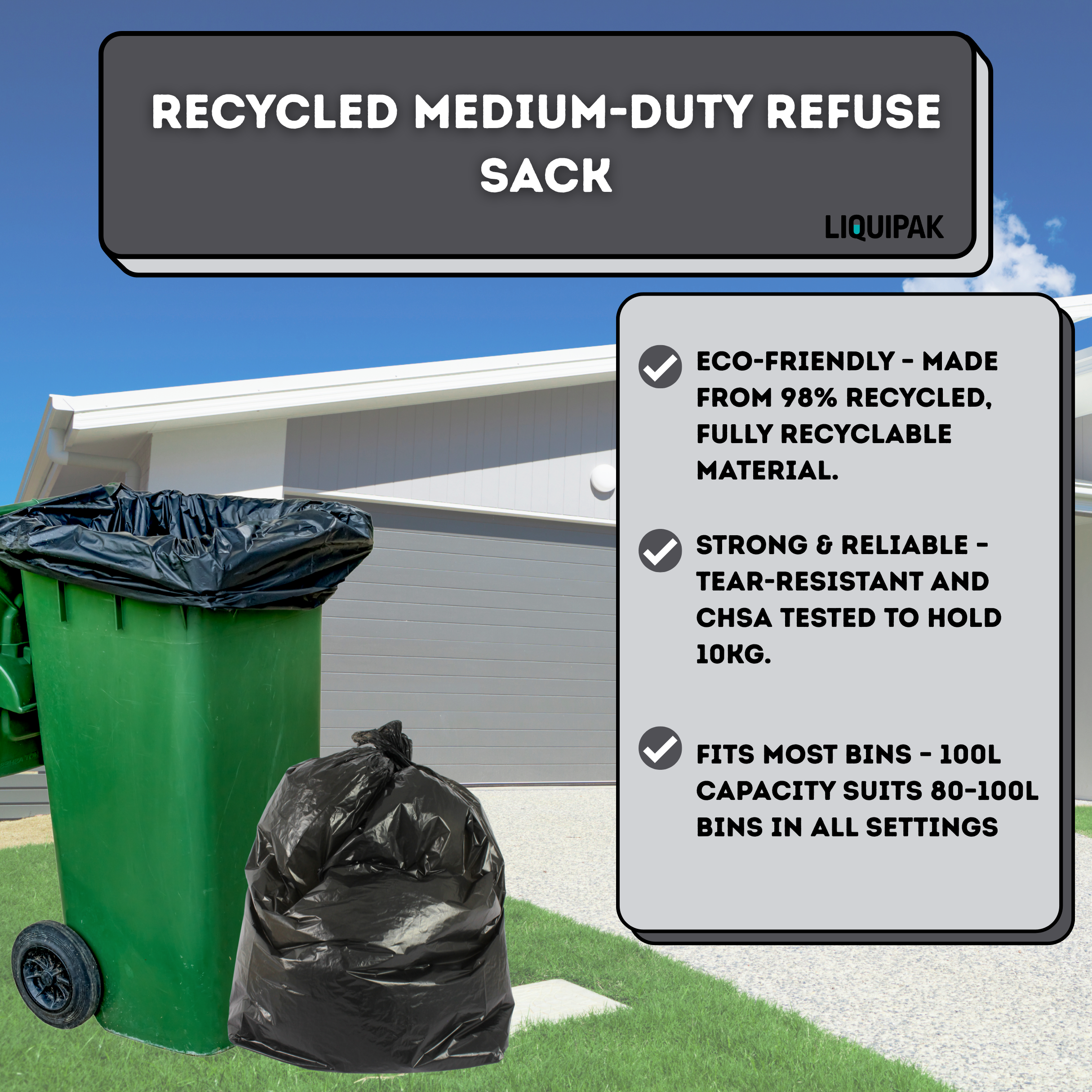 200 Medium Duty Household Refuse Sacks – 100L Recycled Black Bin Liners, 10kg
