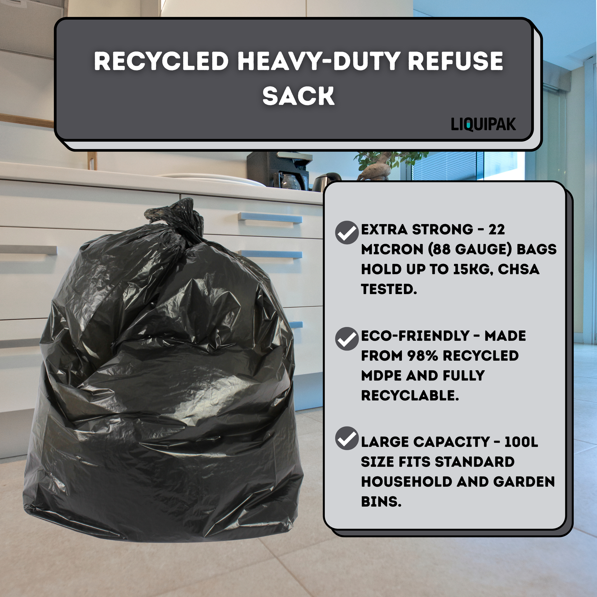 200 Heavy Duty Household Refuse Sacks – 100L Black Bin Bags, CHSA Tested