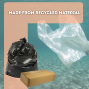 Black trash bag, cardboard box, and plastic bag with 'Made from Recycled Material' text on a teal background | Liquipak