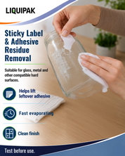 Liquipak sticky label and adhesive residue removal product shown on a glass jar, with hands wiping residue off the surface. The graphic includes product benefits text on a light wood tabletop with a blurred indoor background.