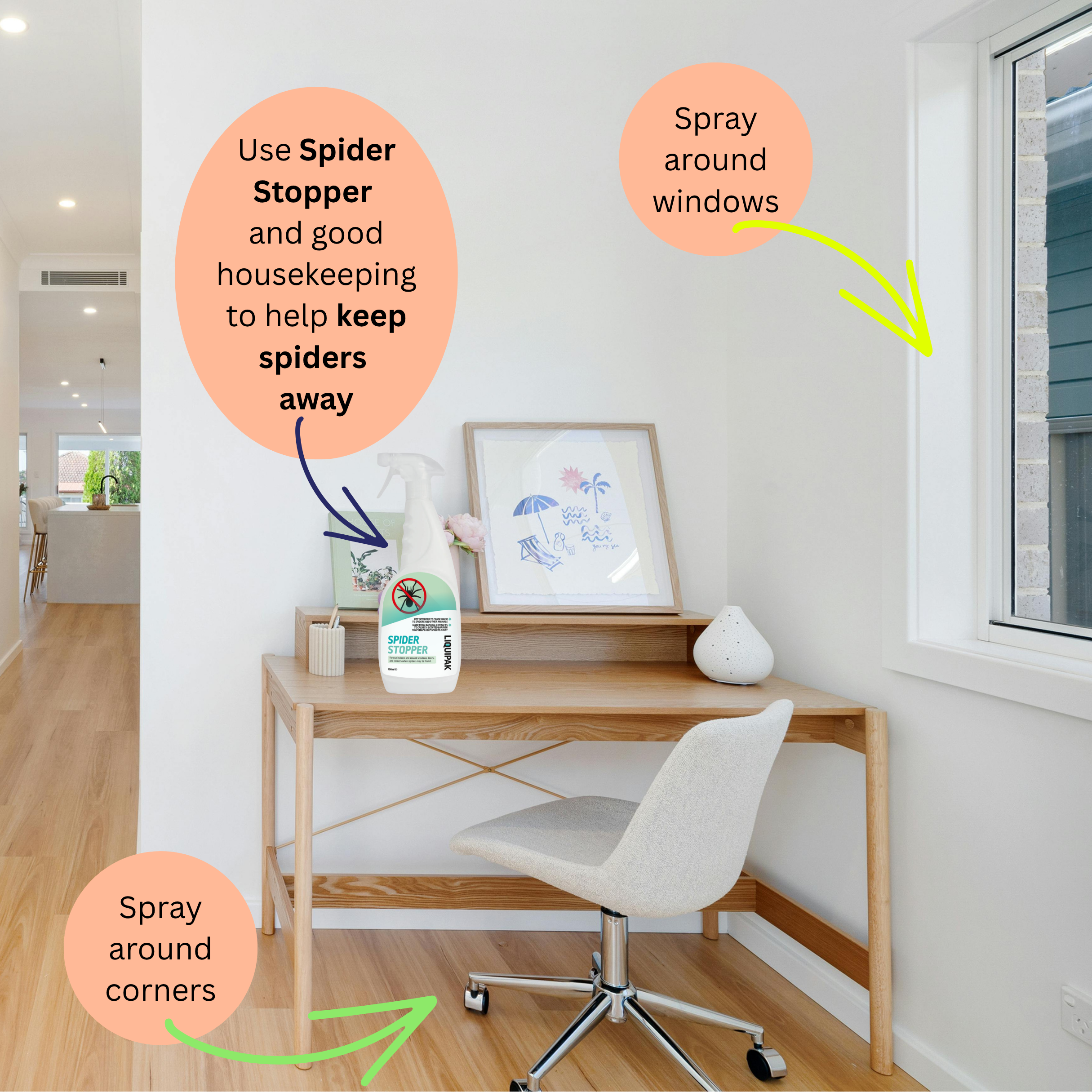 Home office with a desk and chair, featuring spider prevention tips. Image includes Liquipak Spider Stopper.