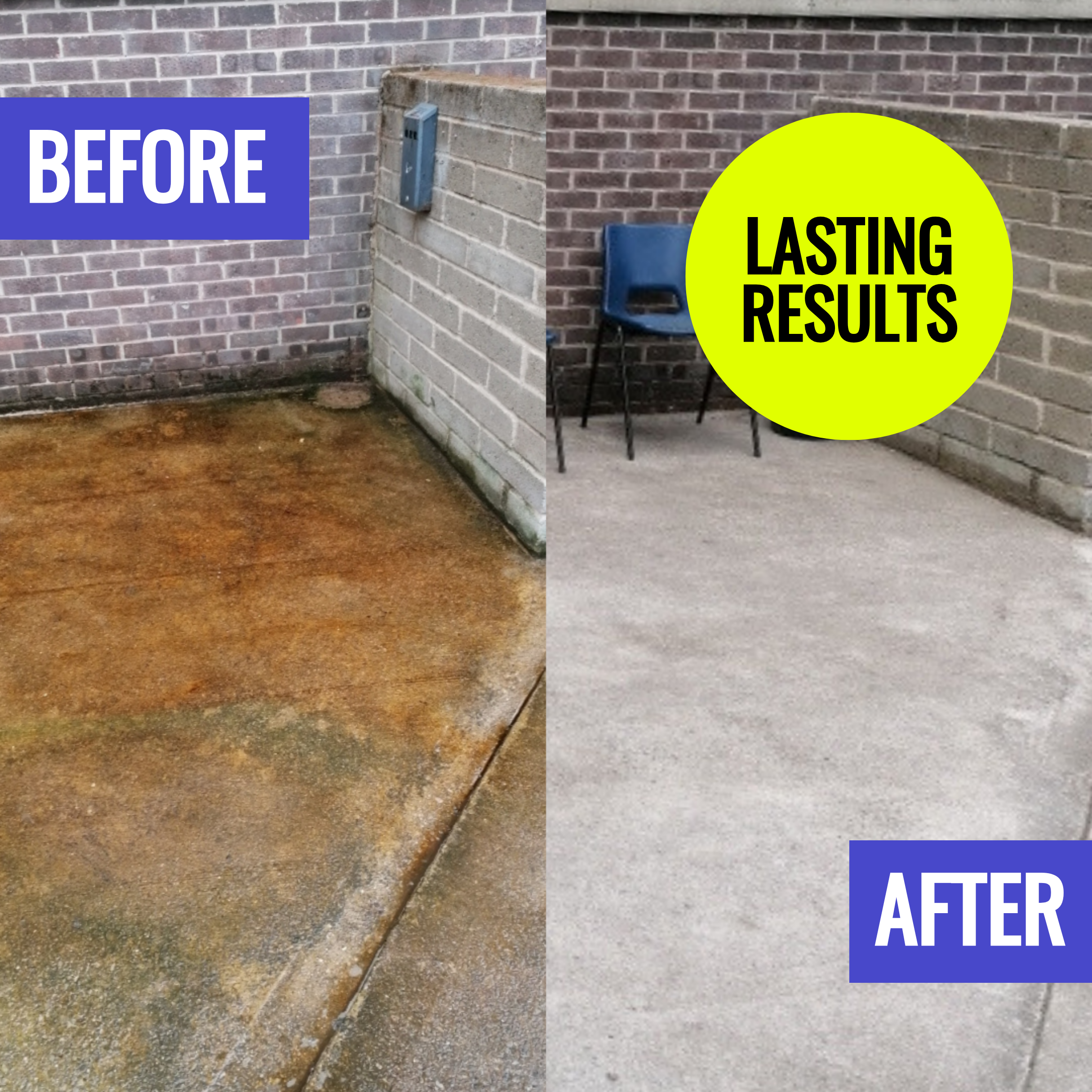 Before and after comparison of a concrete patio with 'Lasting Results' text.