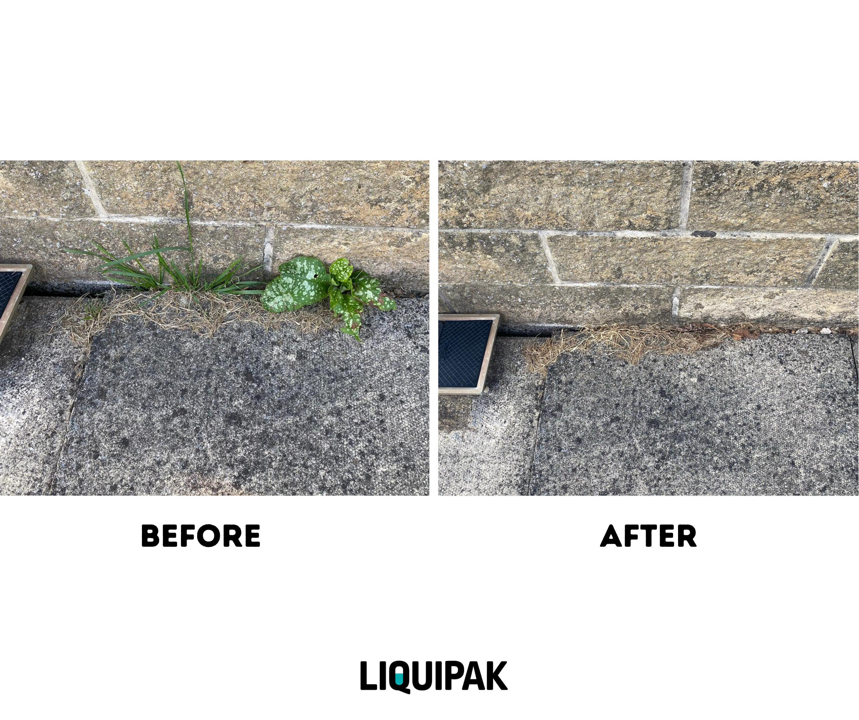 Before and after comparison of a stone surface with grass using LIQUIPAK Weed Killer.