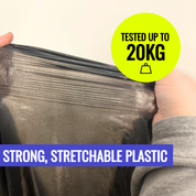 Person stretching a strong, stretchable plastic sheet with text indicating weight capacity and product description.
