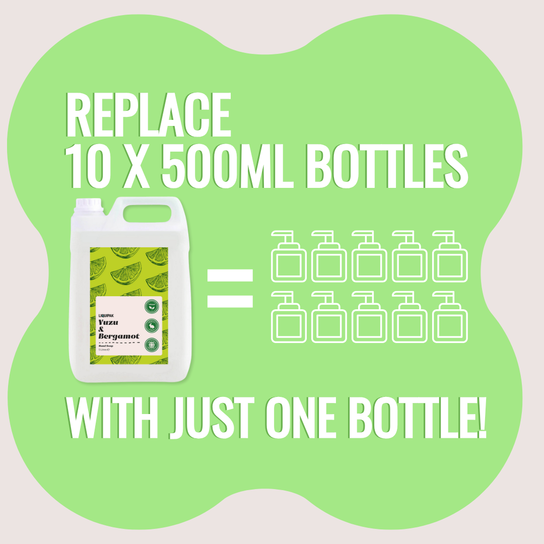 Promotional graphic showing a large bottle replacing 10 smaller bottles with a green background.