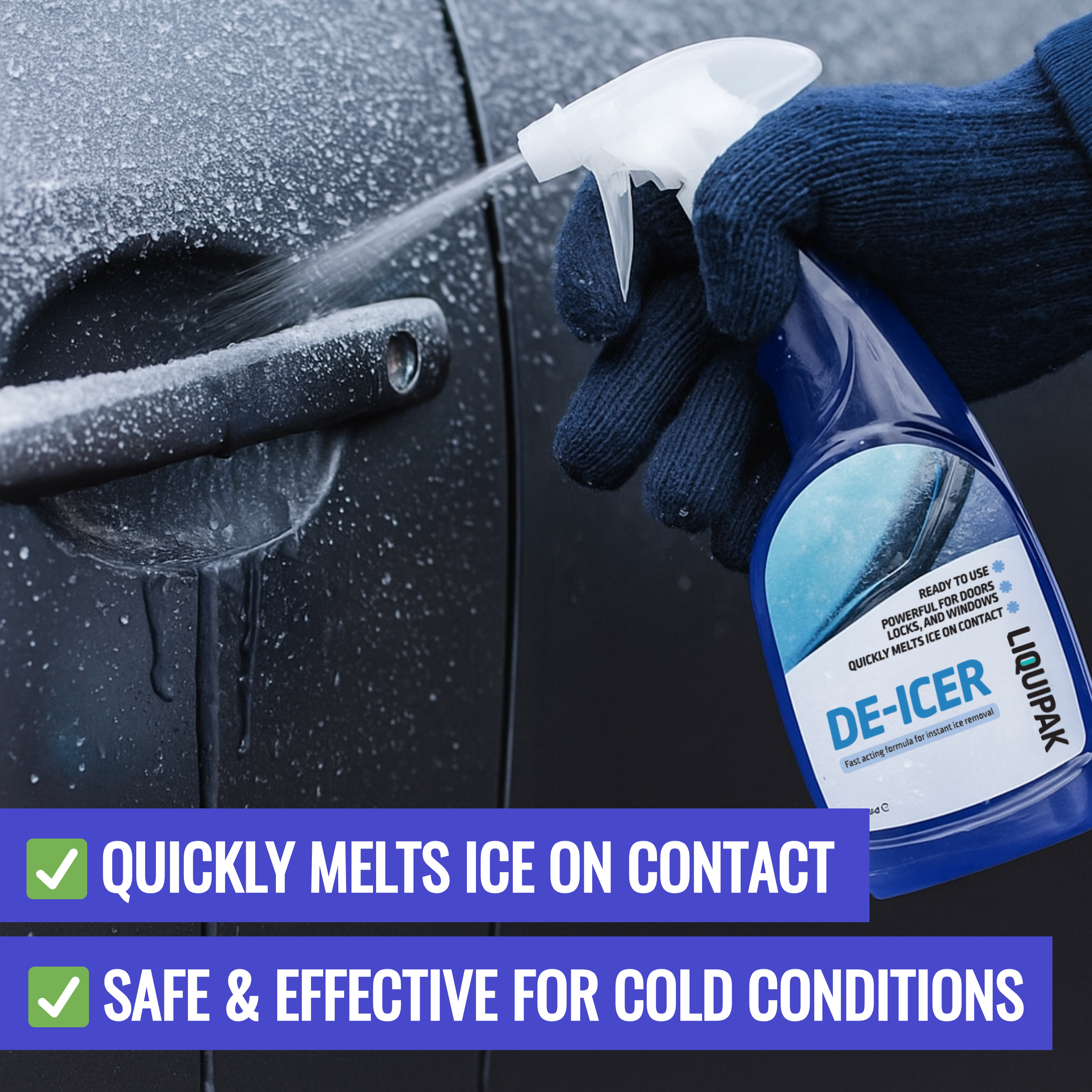 Person using Liquipak's de-icer spray on a car door with text highlighting its features.