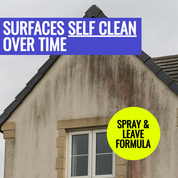 House with dirty exterior and text about self-cleaning surfaces
