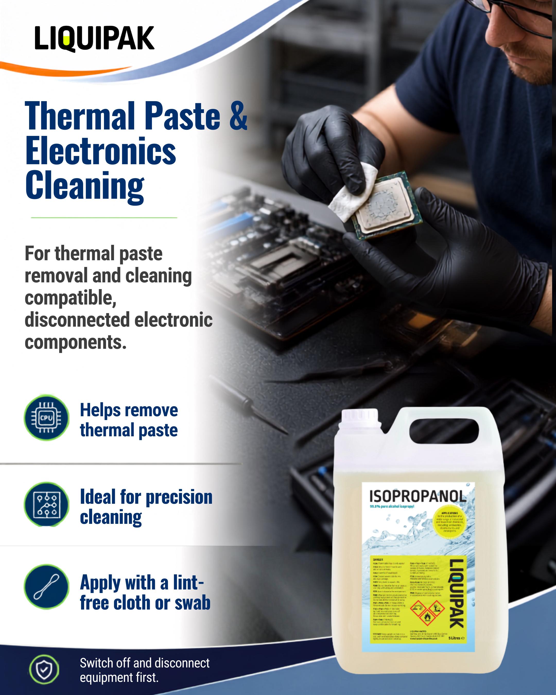 Liquipak Isopropanol thermal paste and electronics cleaning kit advertisement, featuring a large bottle of cleaning fluid in the foreground and a background photo of a technician cleaning an electronic component.