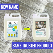 Two containers of Liquipak BAC 50 products on a textured surface with text indicating a new name and same trusted product.