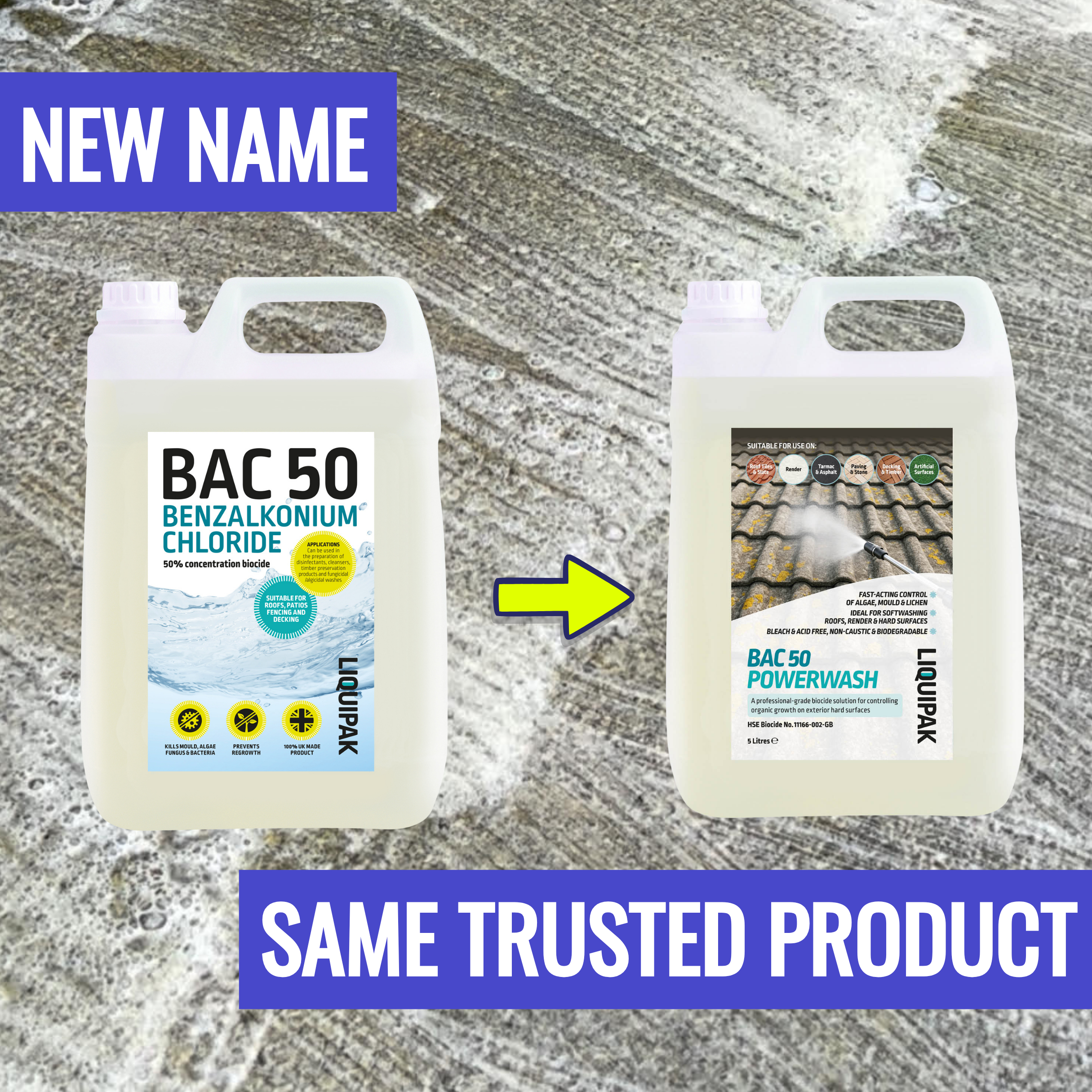Two containers of Liquipak BAC 50 products on a textured surface with text indicating a new name and same trusted product.