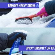 Person using a snow brush to remove snow from a car and spraying a product on ice.