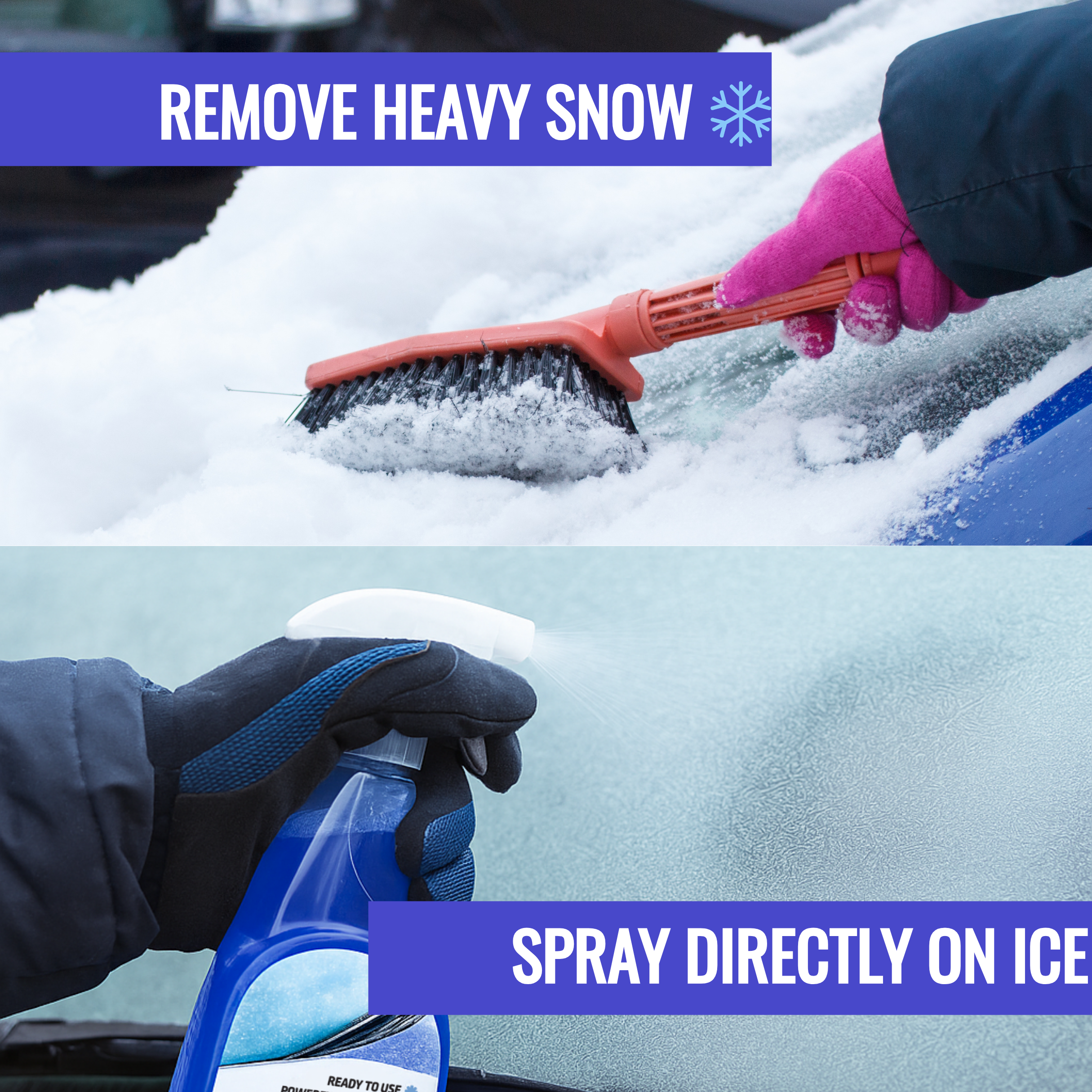 Person using a snow brush to remove snow from a car and spraying a product on ice.