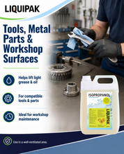 Liquipak Isopropanol workshop cleaner bottle shown next to a workshop scene with a mechanic using a wrench, with text highlighting benefits for lifting grease, oil, and compatible tools and parts.