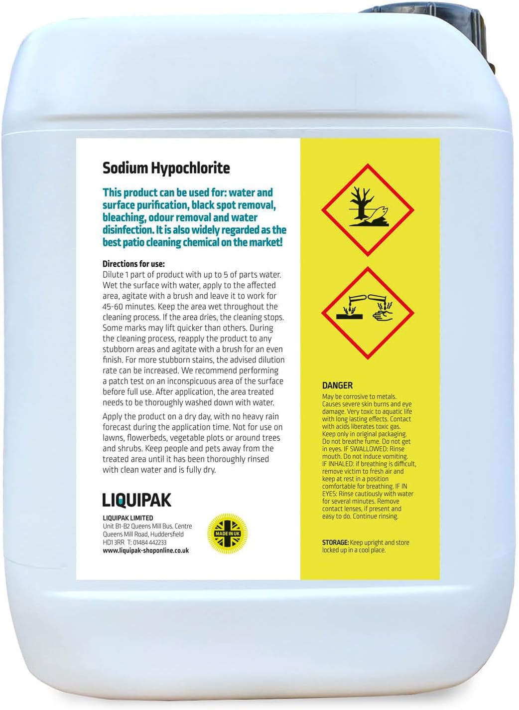 Sodium hypochlorite container with label and Liquipak branding
