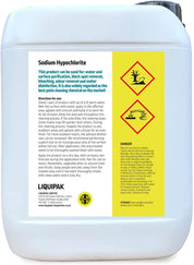 Sodium hypochlorite container with label and Liquipak branding