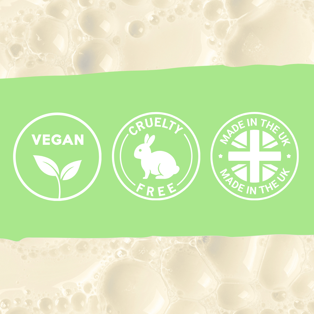 Green banner with vegan, cruelty-free, and made in the UK labels on a textured beige background | Liquipak