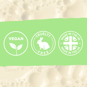 Green banner with vegan, cruelty-free, and made in the UK labels on a textured beige background | Liquipak