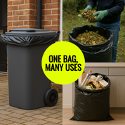 Black trash bin with a yellow circle labeled 'ONE BAG, MANY USES' next to images of leaves and recyclables.