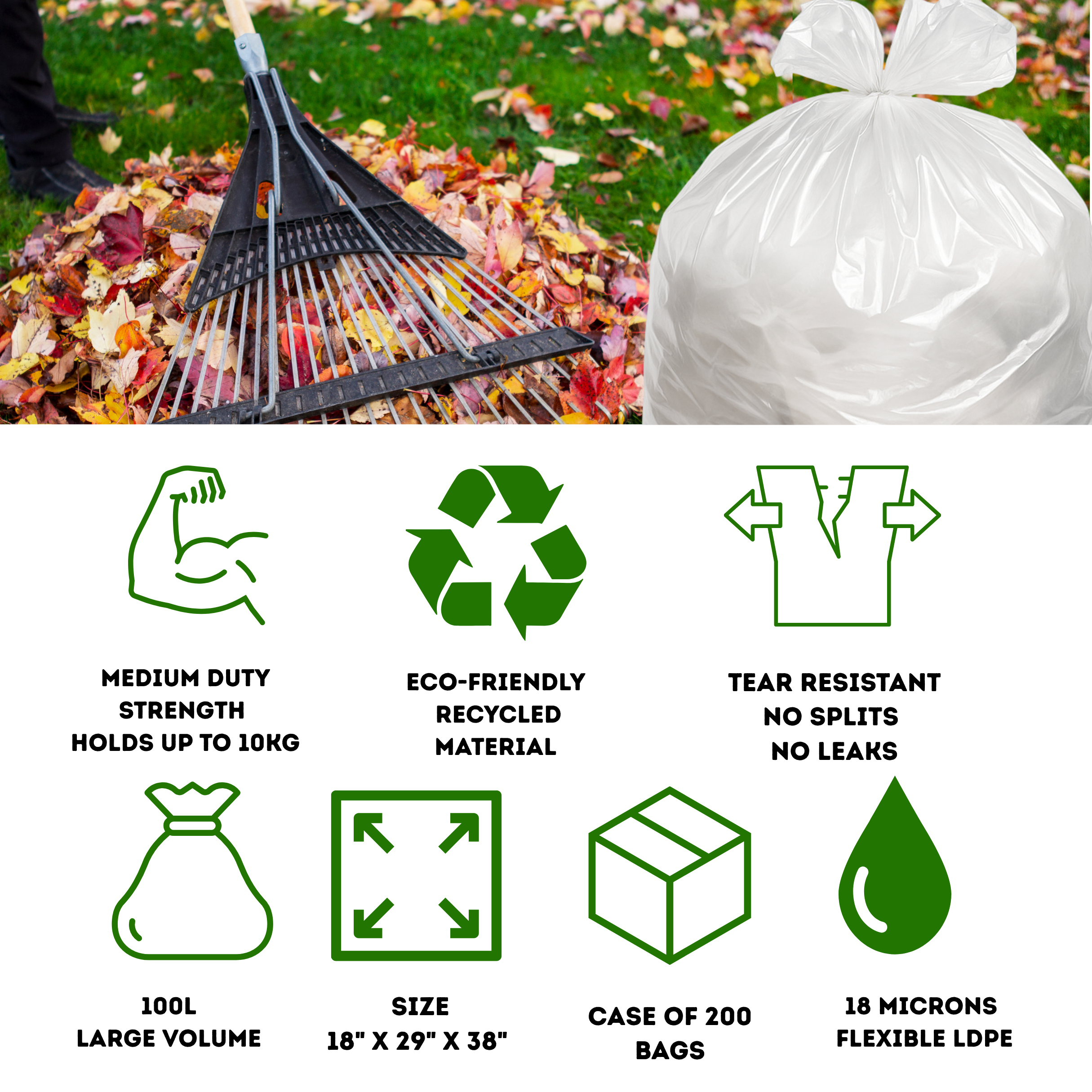 Bagging leaves with a rake, showing a bag of trash, and features of eco-friendly trash bags | | Liquipak Medium Duty Clear Refuse Sacks