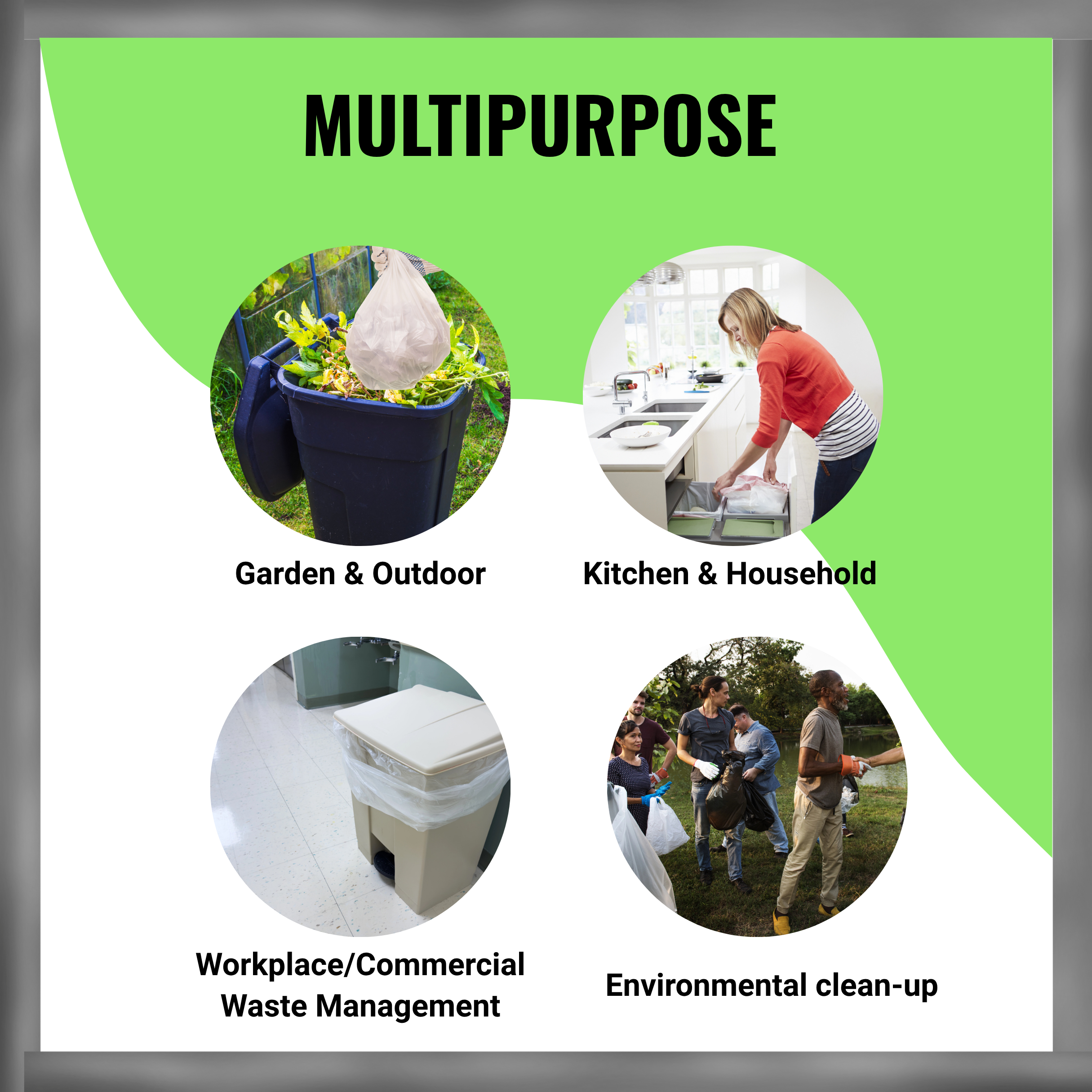 Product advertisement with images of use cases in garden/outdoor, kitchen/household, workplace/commercial waste management, and environmental clean-up | | Liquipak Medium Duty Clear Refuse Sacks