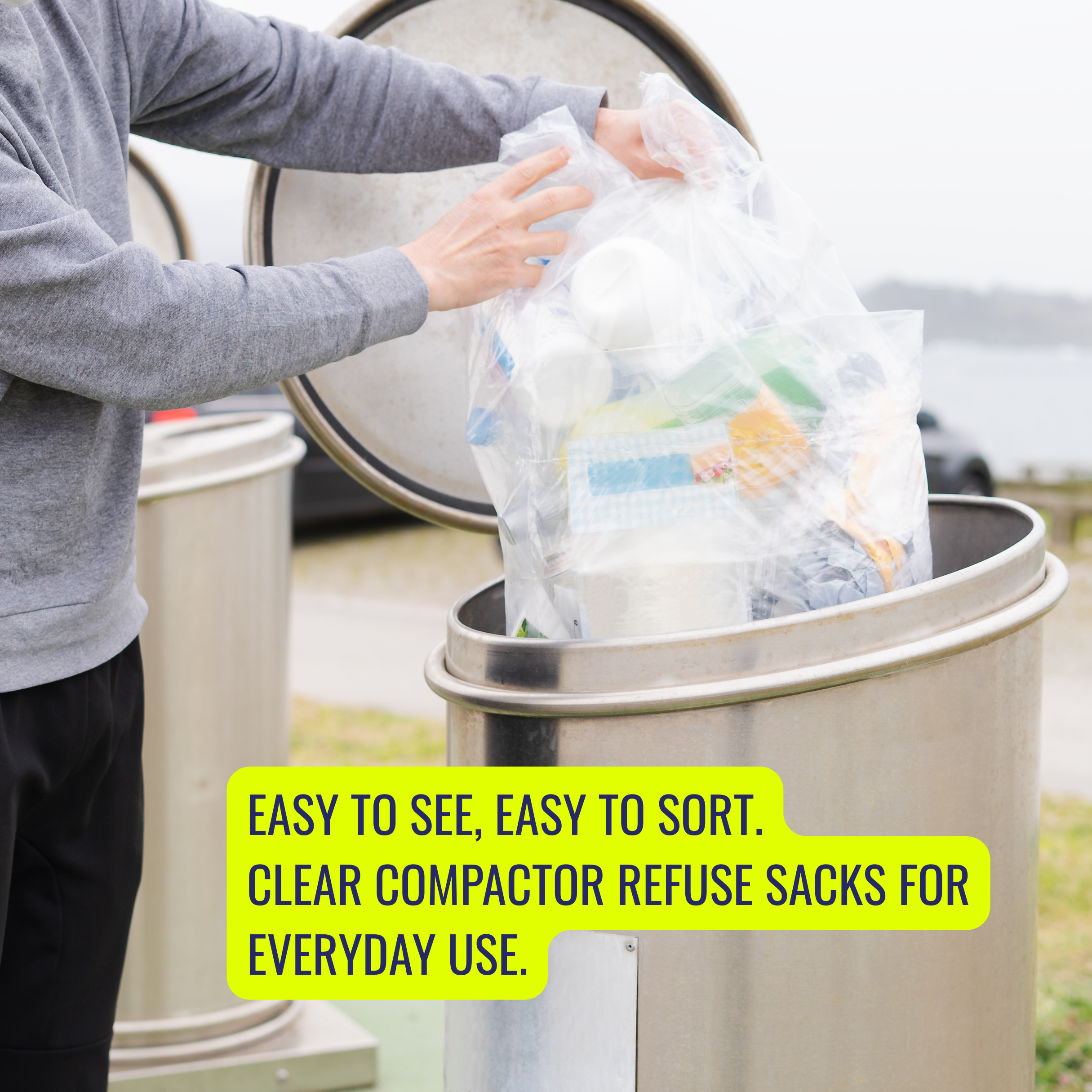 Person disposing of clear trash bags into a trash can with text about the bags' ease of sorting.