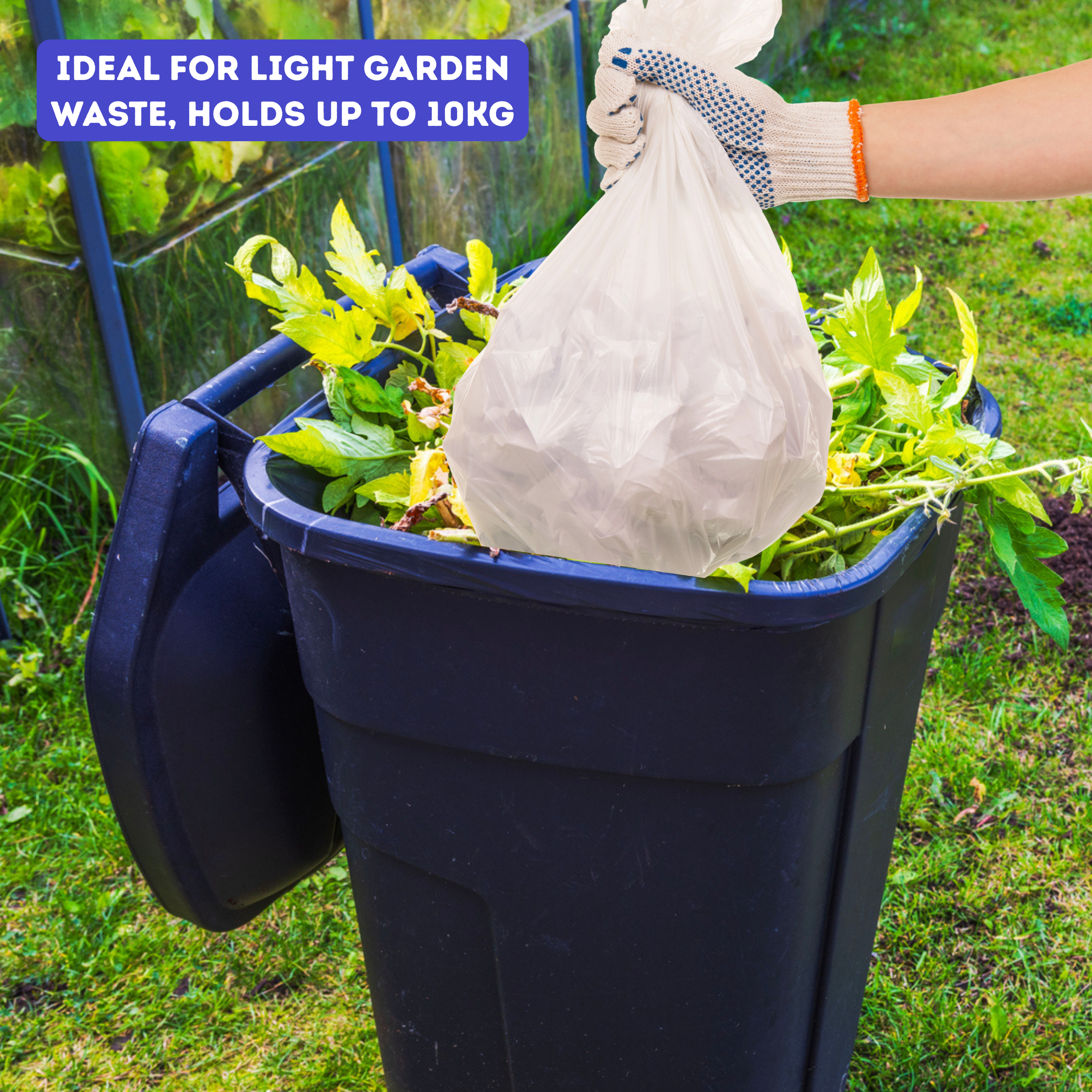 Person holding a garden waste bag over a black bin with text about capacity | | Liquipak Medium Duty Clear Refuse Sacks