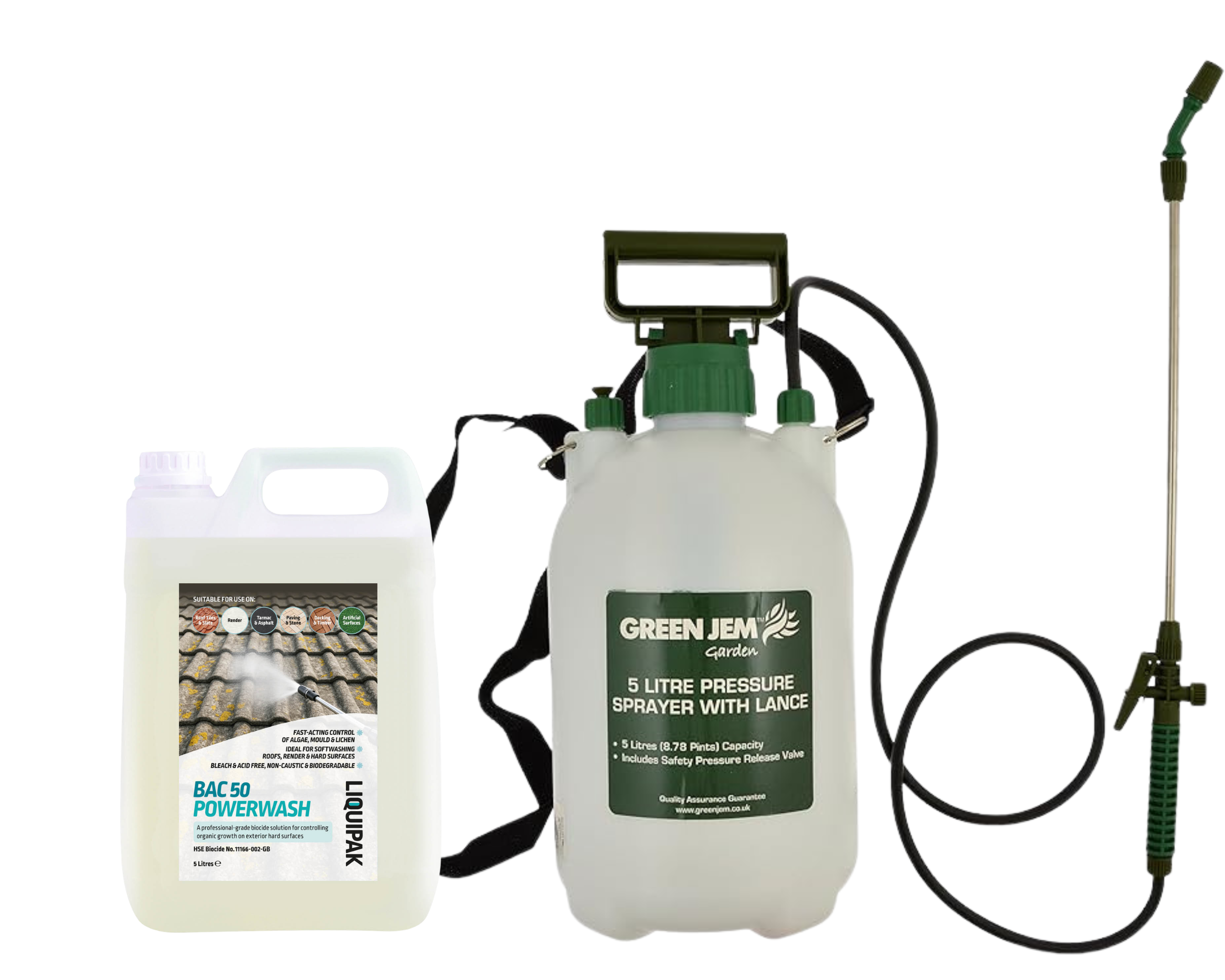 Green Jem pressure sprayer with lance and a container labeled 'BAC 50 Powerwash' on a white background | Liquipak