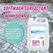 Container of softwash surfactant with cherry scent on a stone surface | Liquipak