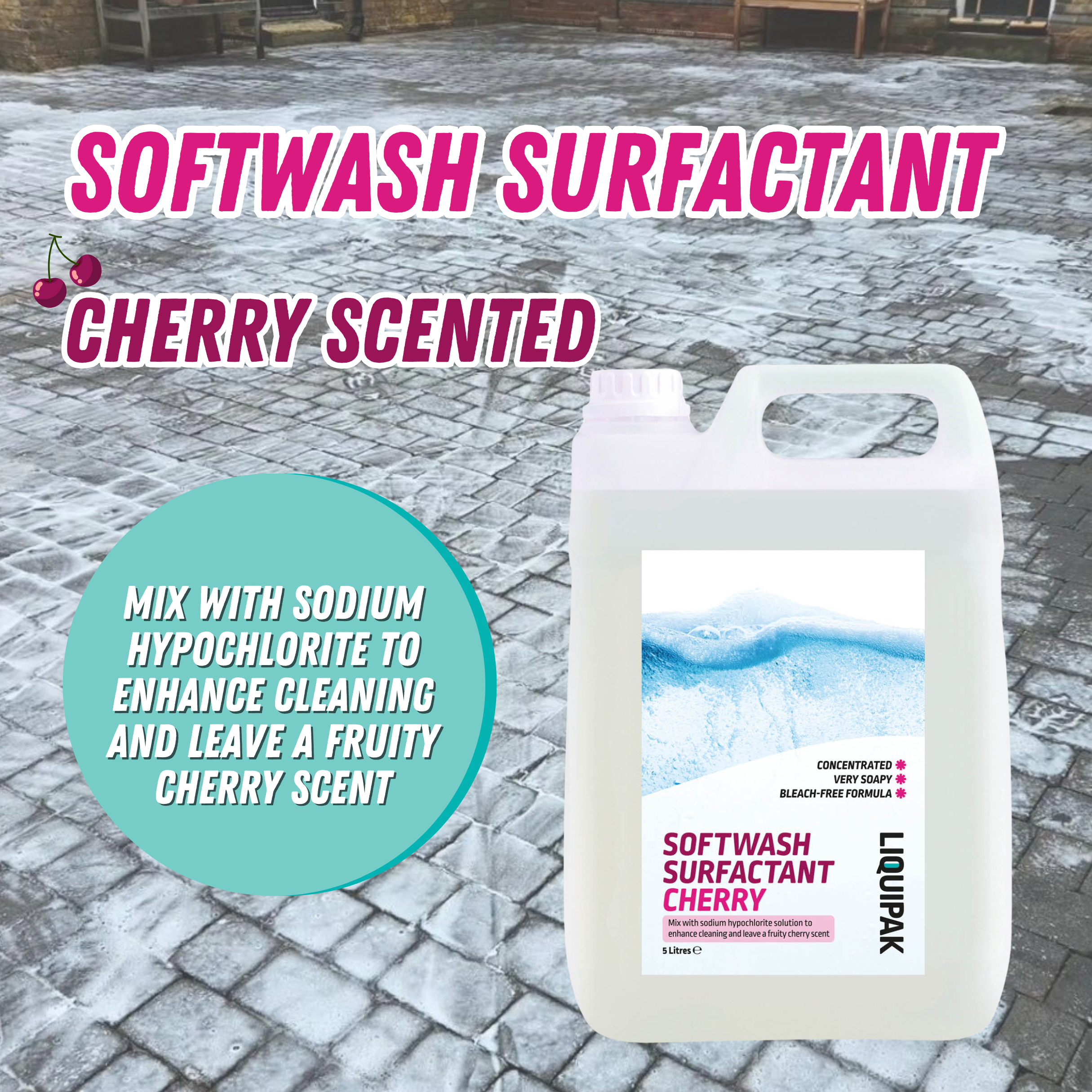 Container of softwash surfactant with cherry scent on a stone surface | Liquipak